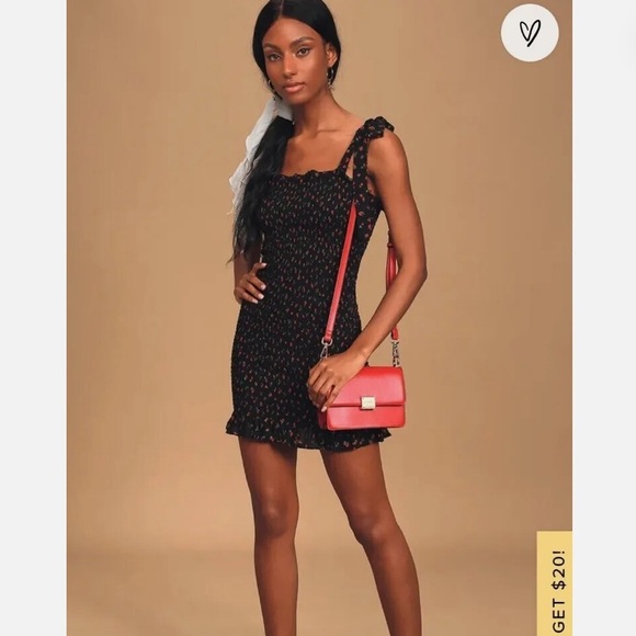 Free People NWT Bella Smocked Black and Red Floral Mini Dress - Picture 1 of 10
